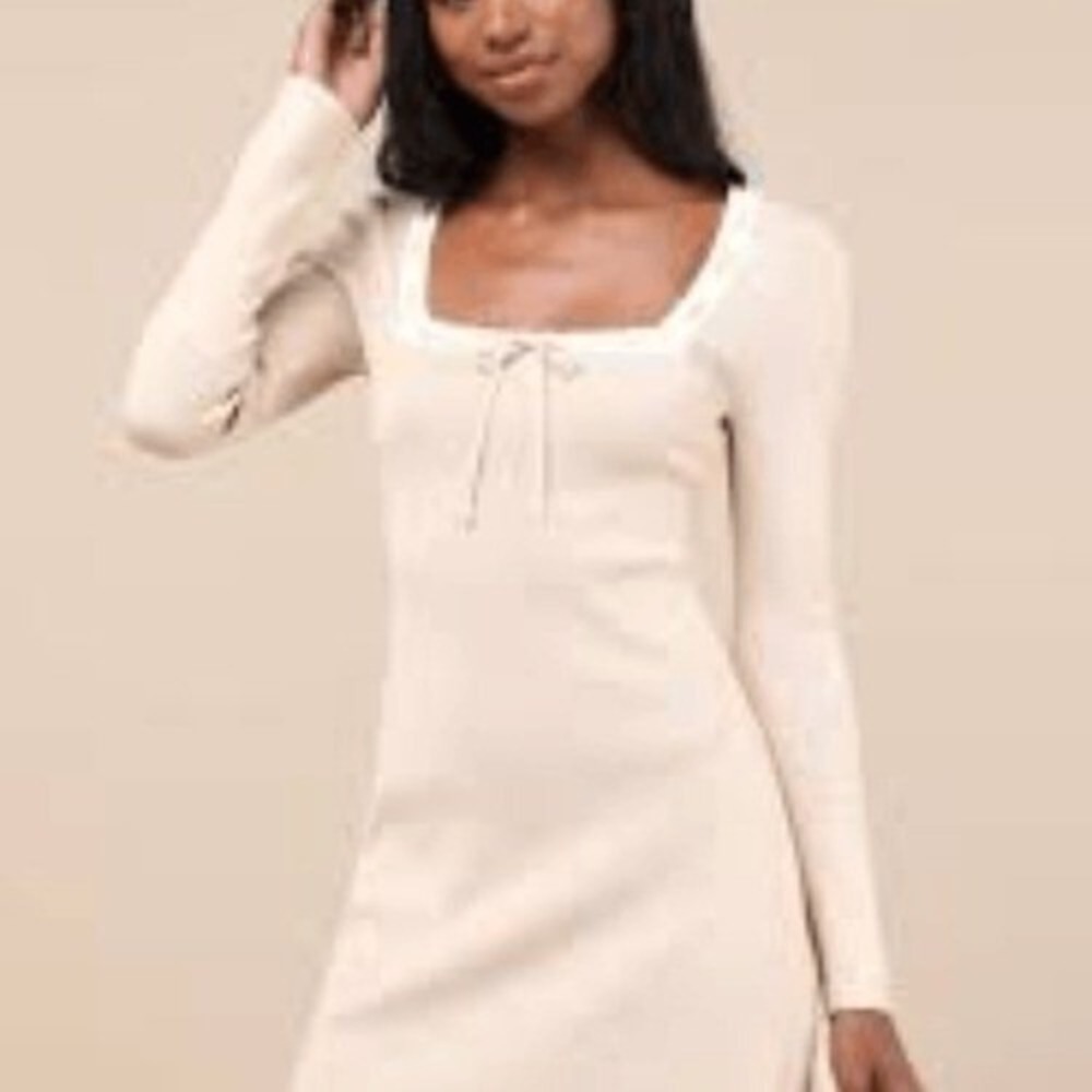 Lulus Tan Ribbed Knit Square Neck Long Sleeve Mini Dress NWT Size S